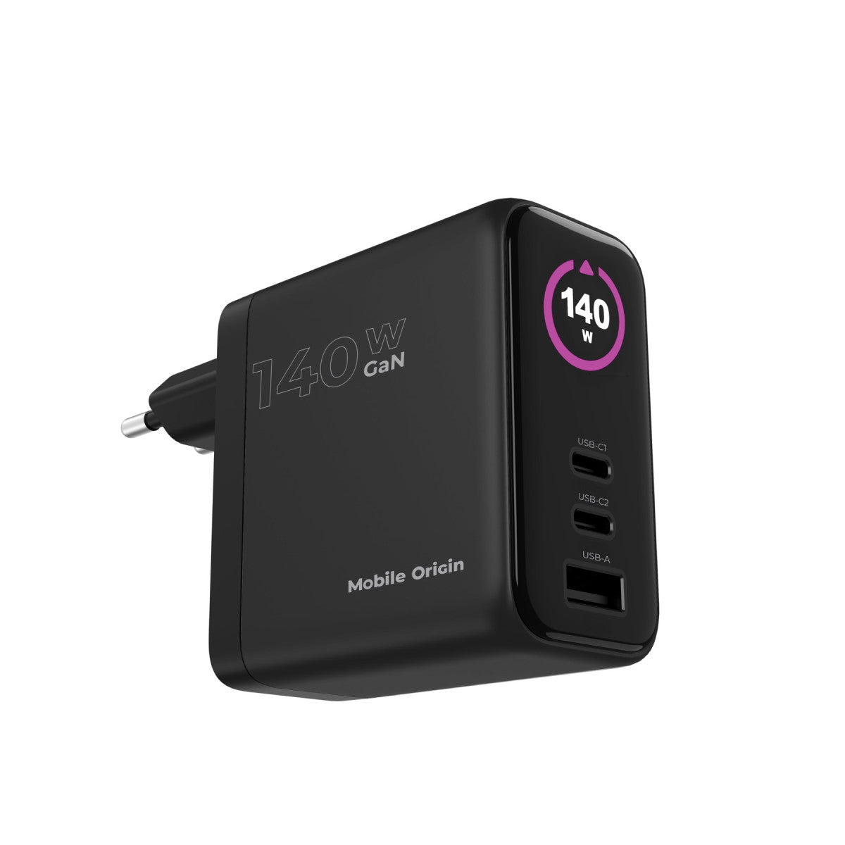 GaN Wall Charger with Display 2× USB-C + USB-A PW21, 140W, Black