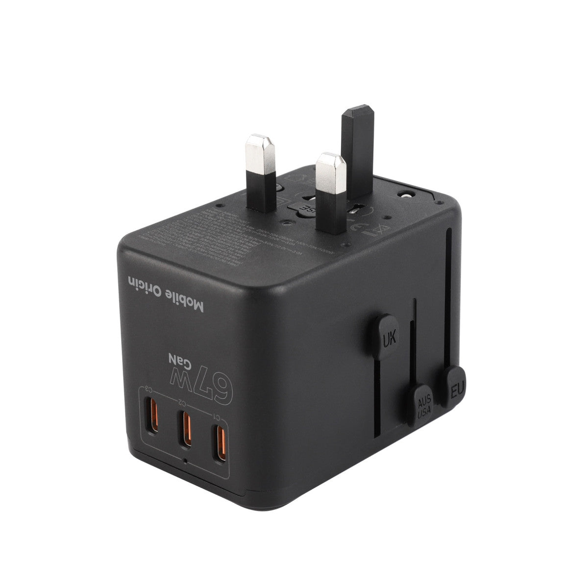 GaN Travel Adapter EU/UK/US/AUS 3× USB-C + USB-A PW5, 67W, Black