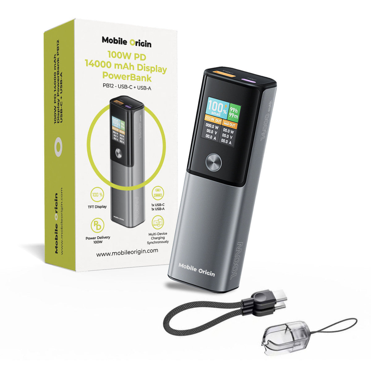 Power Bank with Display USB-C + USB-A PB12, 14000mAh, 100W, Gray