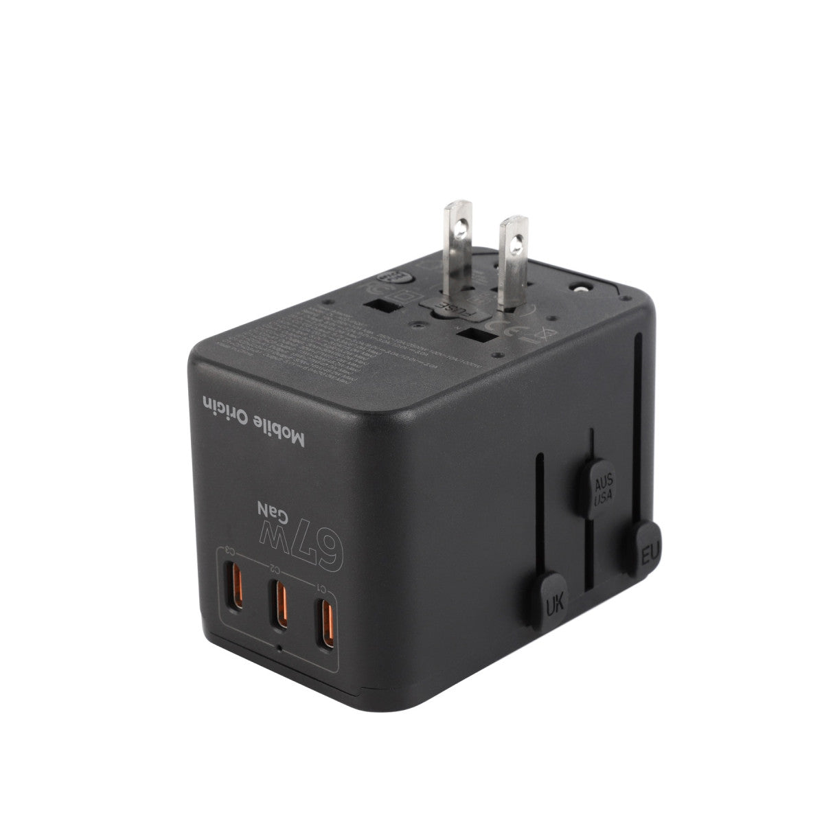 GaN Travel Adapter EU/UK/US/AUS 3× USB-C + USB-A PW5, 67W, Black
