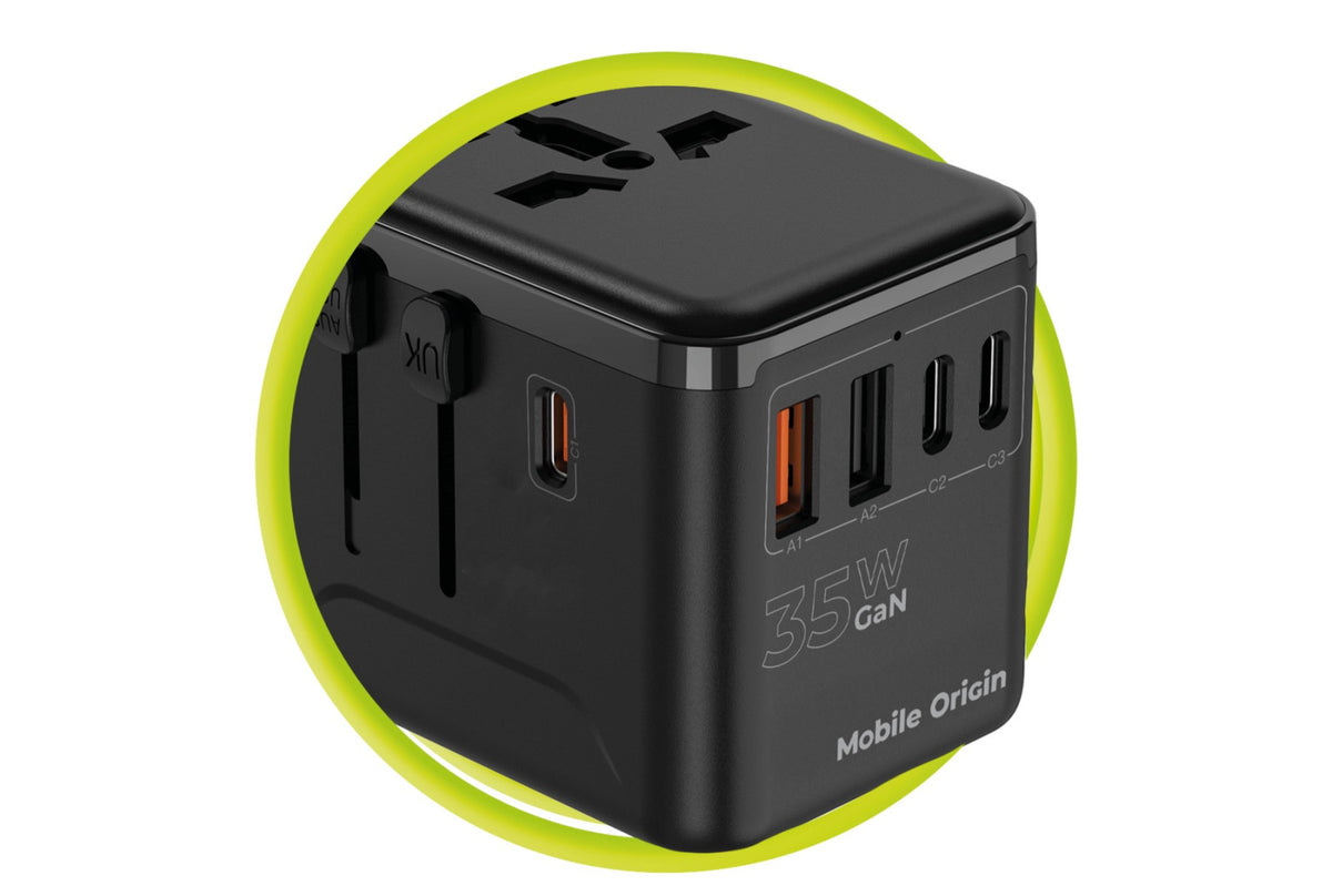 Cestovní adaptér GaN EU/UK/US/AUS 3× USB-C + 2× USB-A PW4, 35W, Černá