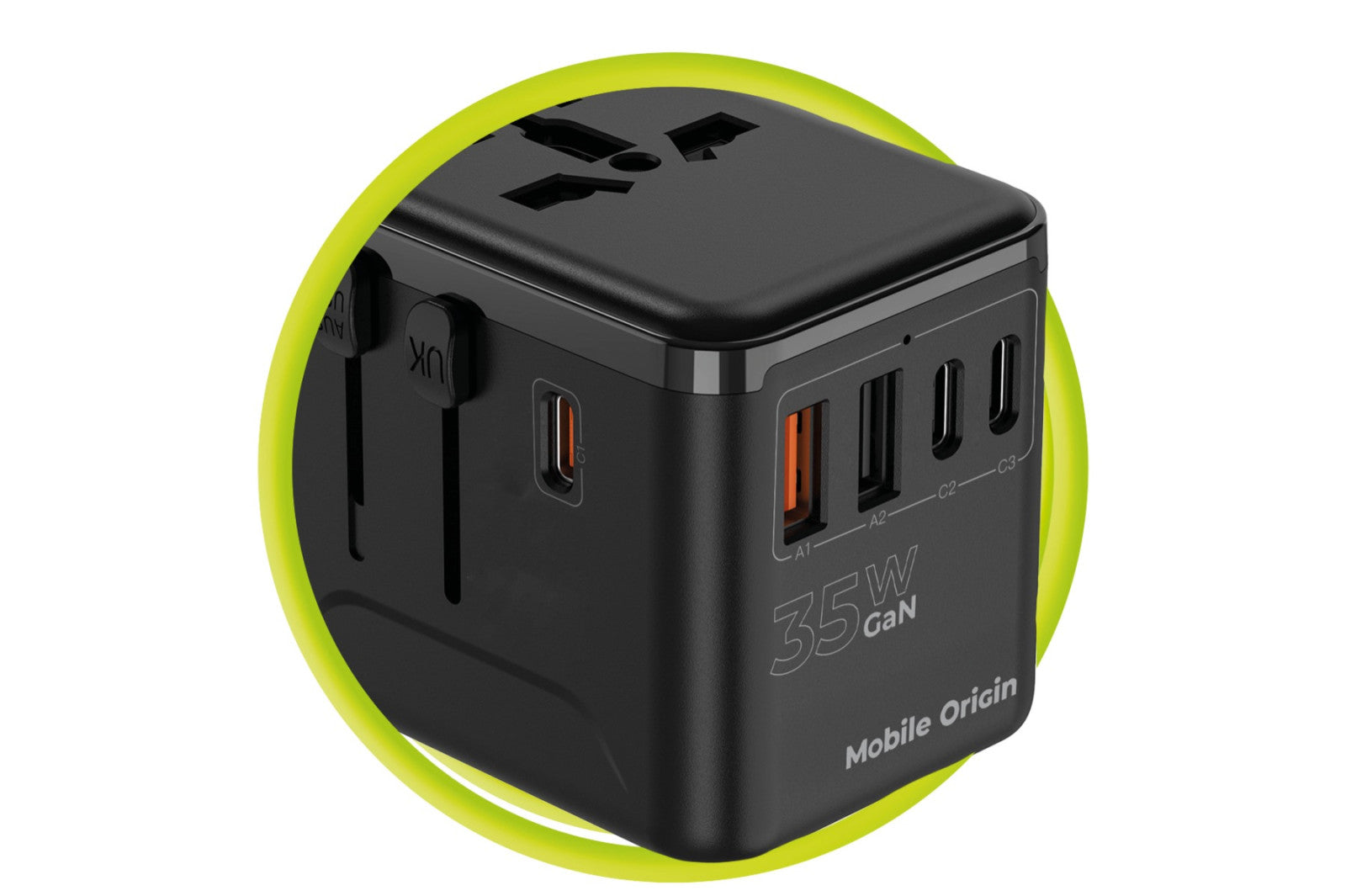 Cestovní Adaptér GaN 35W PW4 EU/UK/US/AUS, 3x USB-C + 2x USB-A