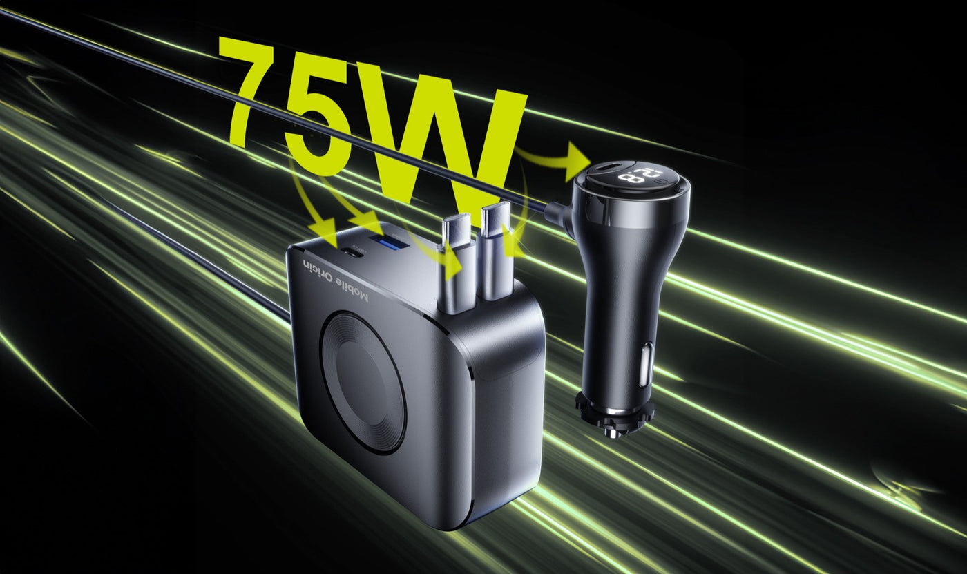 Autonabíječka 5v1 s displejem 2× USB-C + USB-A, 2× USB-C kabel CA23, 75W, Černá
