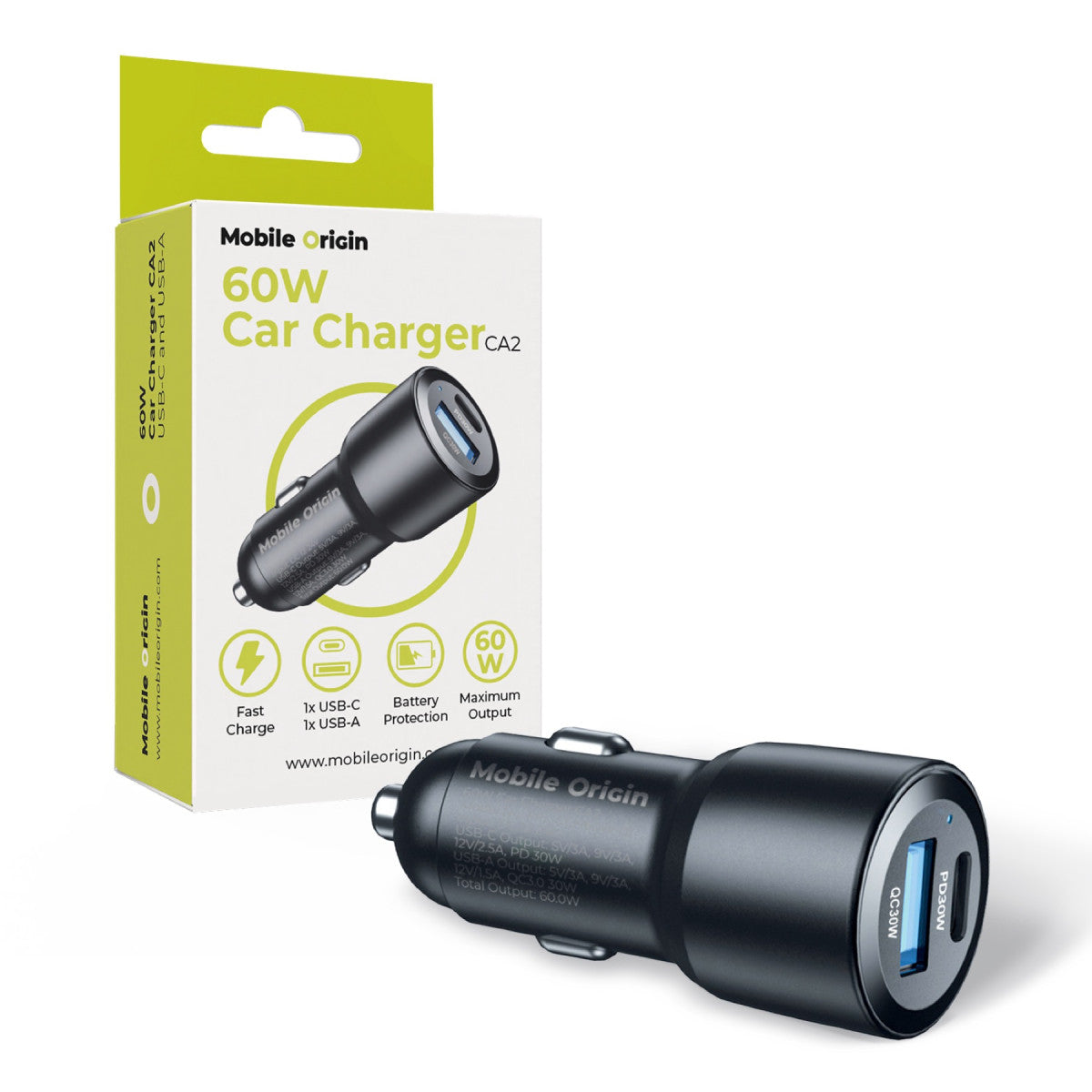 Car Charger USB-C + USB-A CA2, 60W, Black