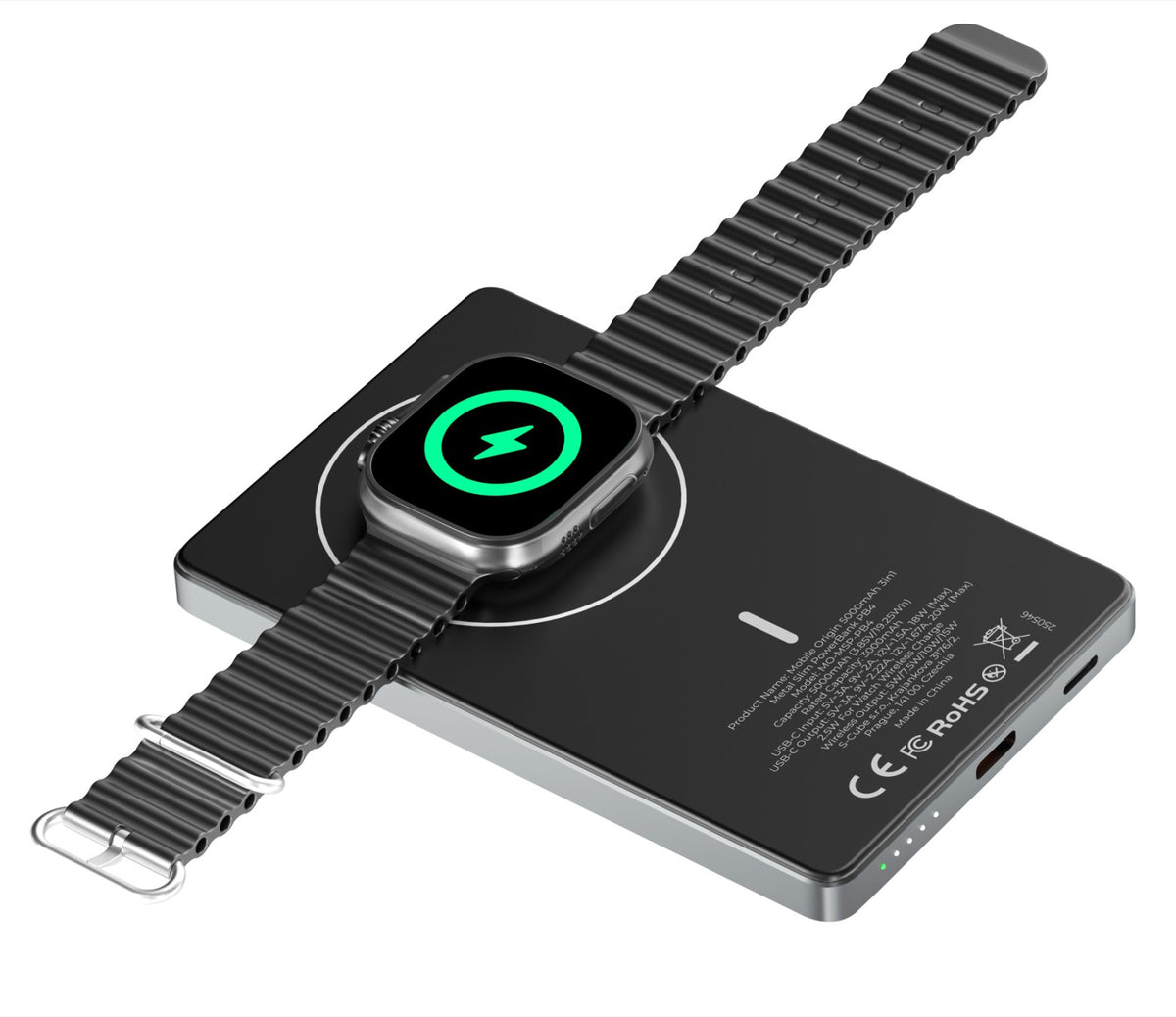 Bezdrátová magnetická powerbanka 3v1 MagSafe PB4, 5000mAh, 20W, Vesmírně šedá