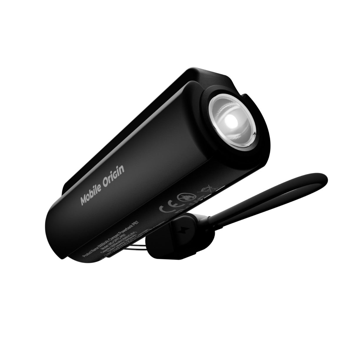 Compact Power Bank with Flashlight and USB-C Cable PB7, 5000mAh, 12W, Black