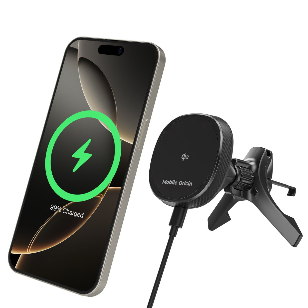 Bezdrátová nabíječka do autoventilace MagSafe s větráčkem CA15, Qi2 15W, Černá