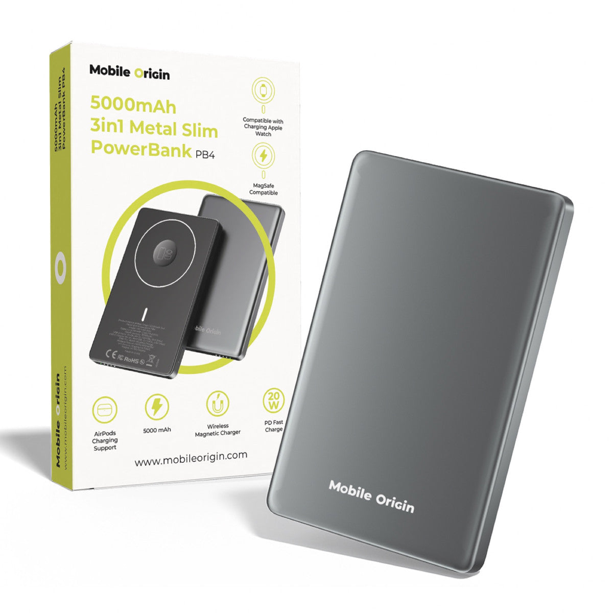 Bezdrátová magnetická powerbanka 3v1 MagSafe PB4, 5000mAh, 20W, Vesmírně šedá
