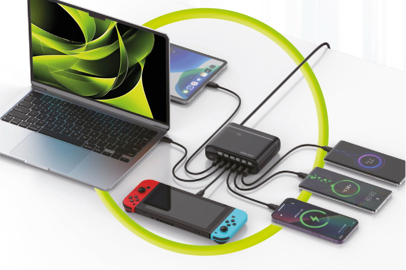 Cestovní nabíječka GaN EU/UK/US 3× USB-C + 3× USB-A PW12, 140W, Černá