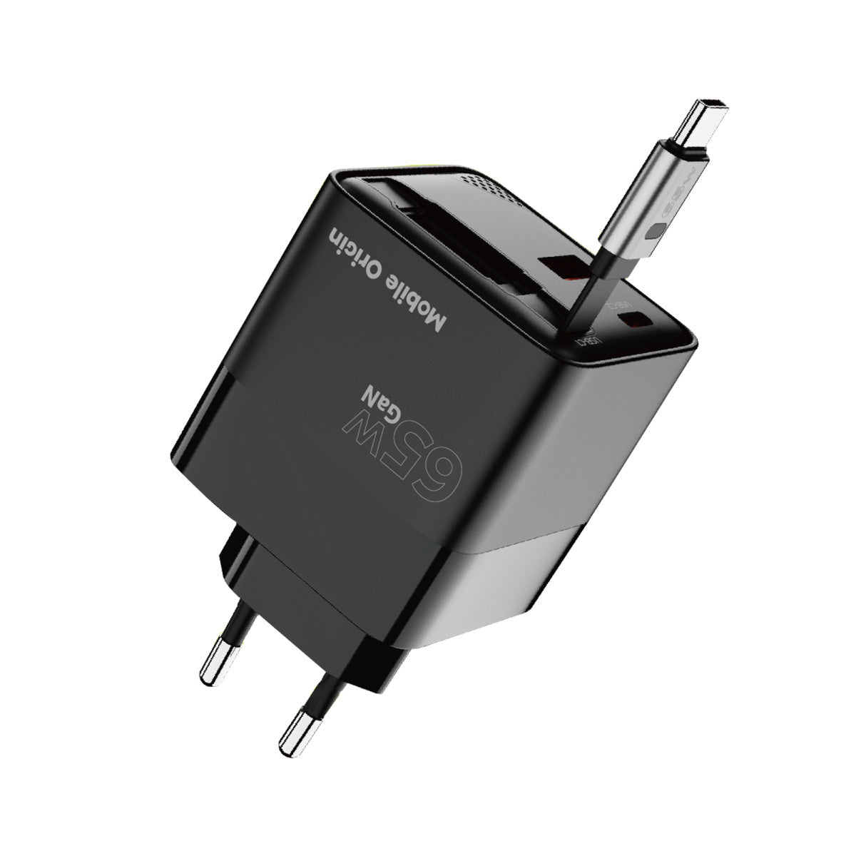 Wall Charger GaN with Display and Retractable Cable USB-C + USB-A PW2, 65W, Black