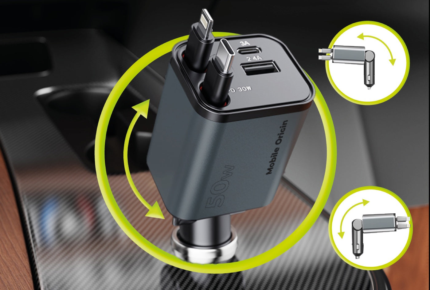 Car Charger 4-in-1 USB-C + USB-A with USB-C and Lightning Cables CA28, 50W, Space Gray