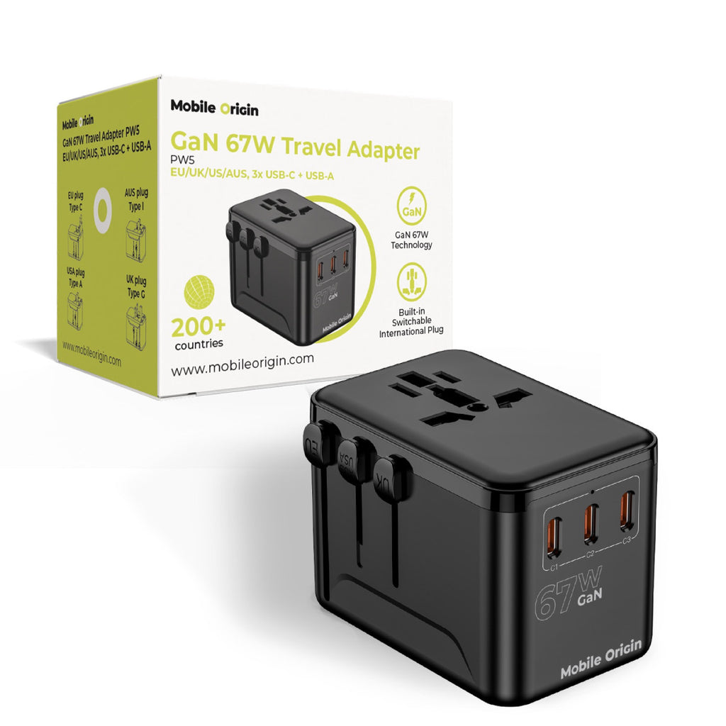 Cestovní Adaptér GaN 67W PW5 EU/UK/US/AUS, 3x USB-C + USB-A