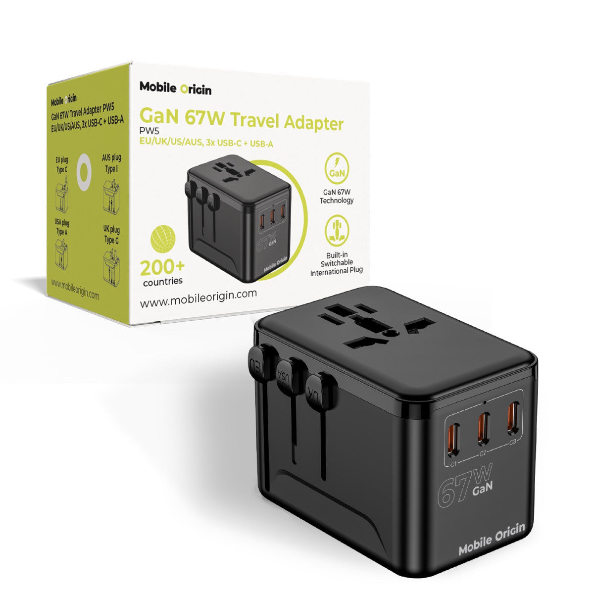GaN Travel Adapter EU/UK/US/AUS 3× USB-C + USB-A PW5, 67W, Black