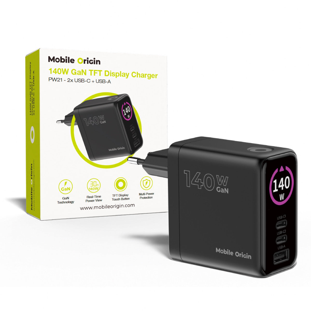 GaN Wall Charger with Display 2× USB-C + USB-A PW21, 140W, Black