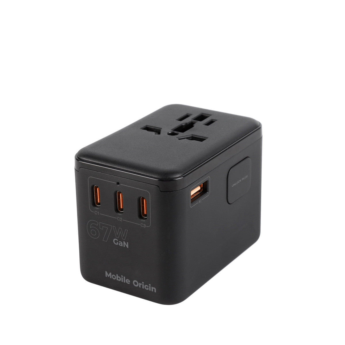 GaN Travel Adapter EU/UK/US/AUS 3× USB-C + USB-A PW5, 67W, Black
