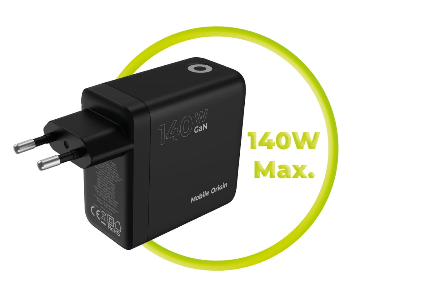 GaN Wall Charger with Display 2× USB-C + USB-A PW21, 140W, Black