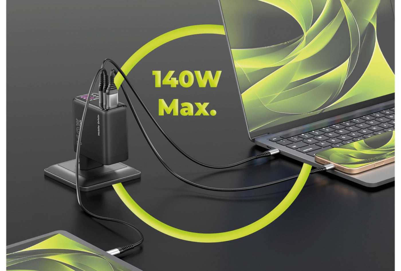 GaN Wall Charger with Display 2× USB-C + USB-A PW21, 140W, Black