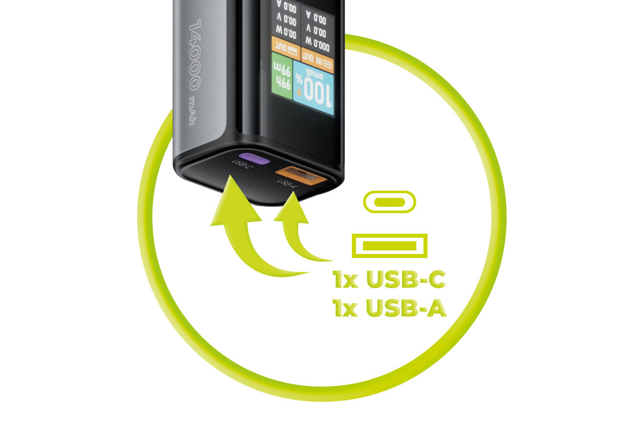 Power Bank with Display USB-C + USB-A PB12, 14000mAh, 100W, Gray