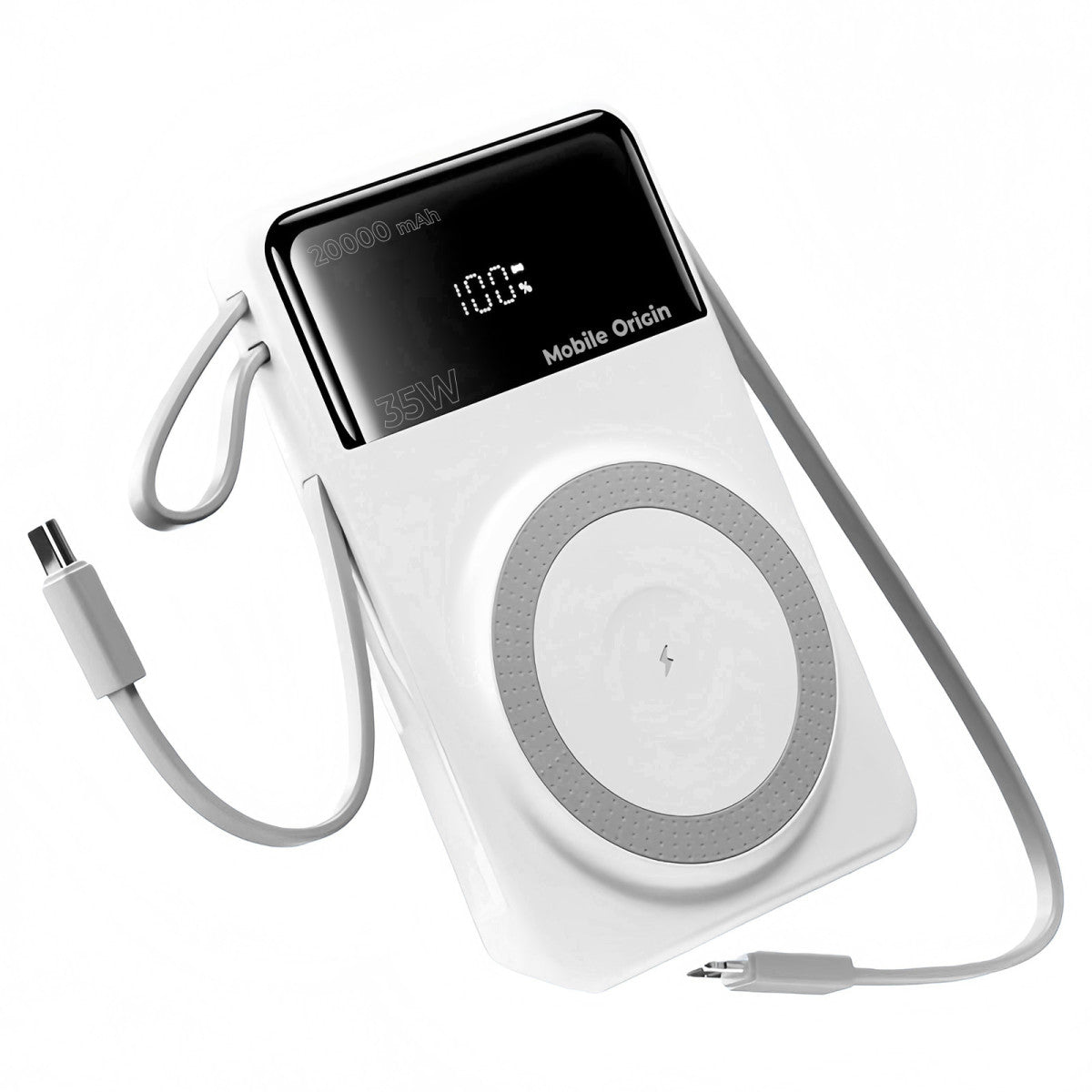 Bezdrátová magnetická powerbanka MagSafe s displejem a kabelem USB-C + Lightning PB15, 20000mAh, 35W, Bílá