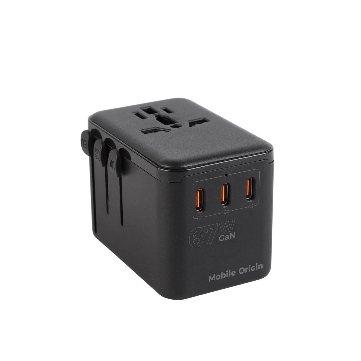 GaN Travel Adapter EU/UK/US/AUS 3× USB-C + USB-A PW5, 67W, Black