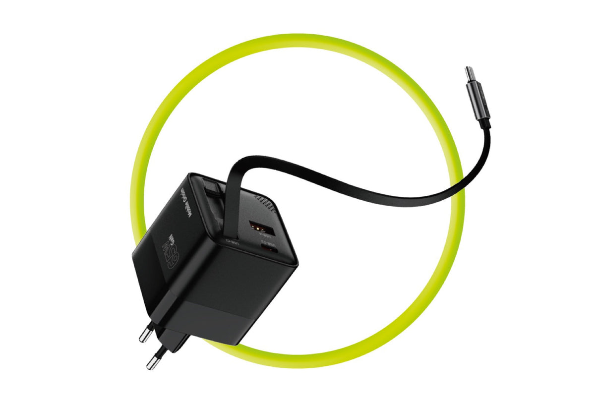 Wall Charger GaN with Display and Retractable Cable USB-C + USB-A PW2, 65W, Black