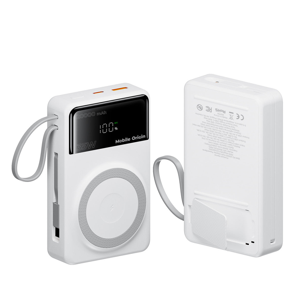 Bezdrátová magnetická powerbanka MagSafe s displejem a kabelem USB-C + Lightning PB15, 20000mAh, 35W, Bílá