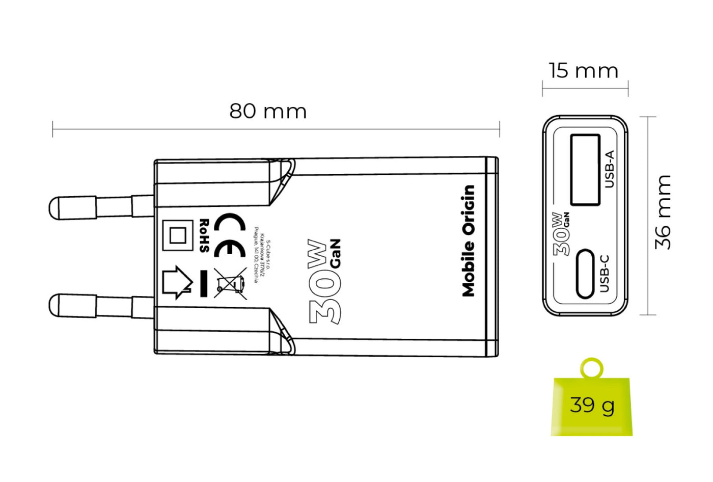 Wall Charger GaN Slim USB-C + USB-A MO16, 30W, White