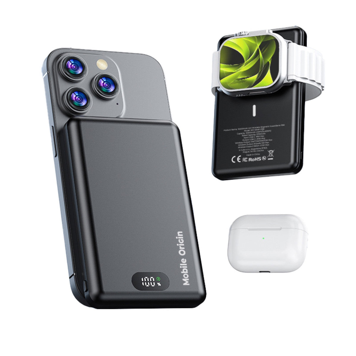 Bezdrátová magnetická powerbanka 3v1 MagSafe s displejem PB8, 10000mAh, 20W, Černá