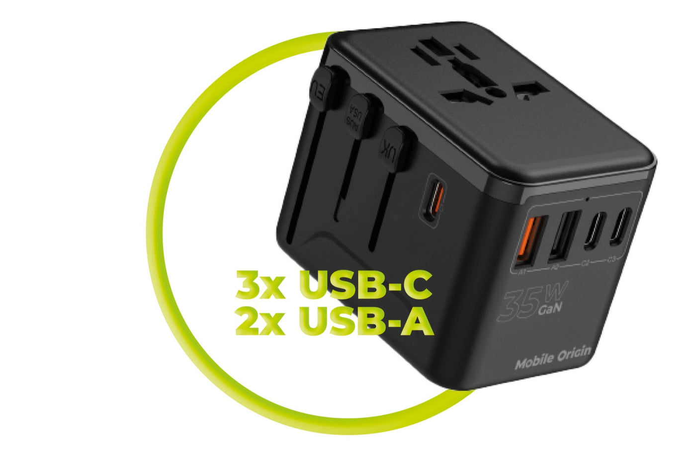 Cestovní adaptér GaN EU/UK/US/AUS 3× USB-C + 2× USB-A PW4, 35W, Černá