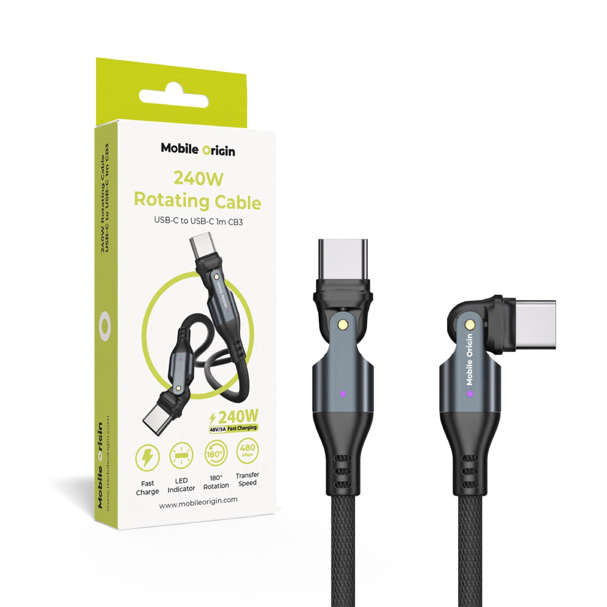 Rotating Cable USB-C to USB-C CB3, 240W, 480 Mb/s, 1m, Black