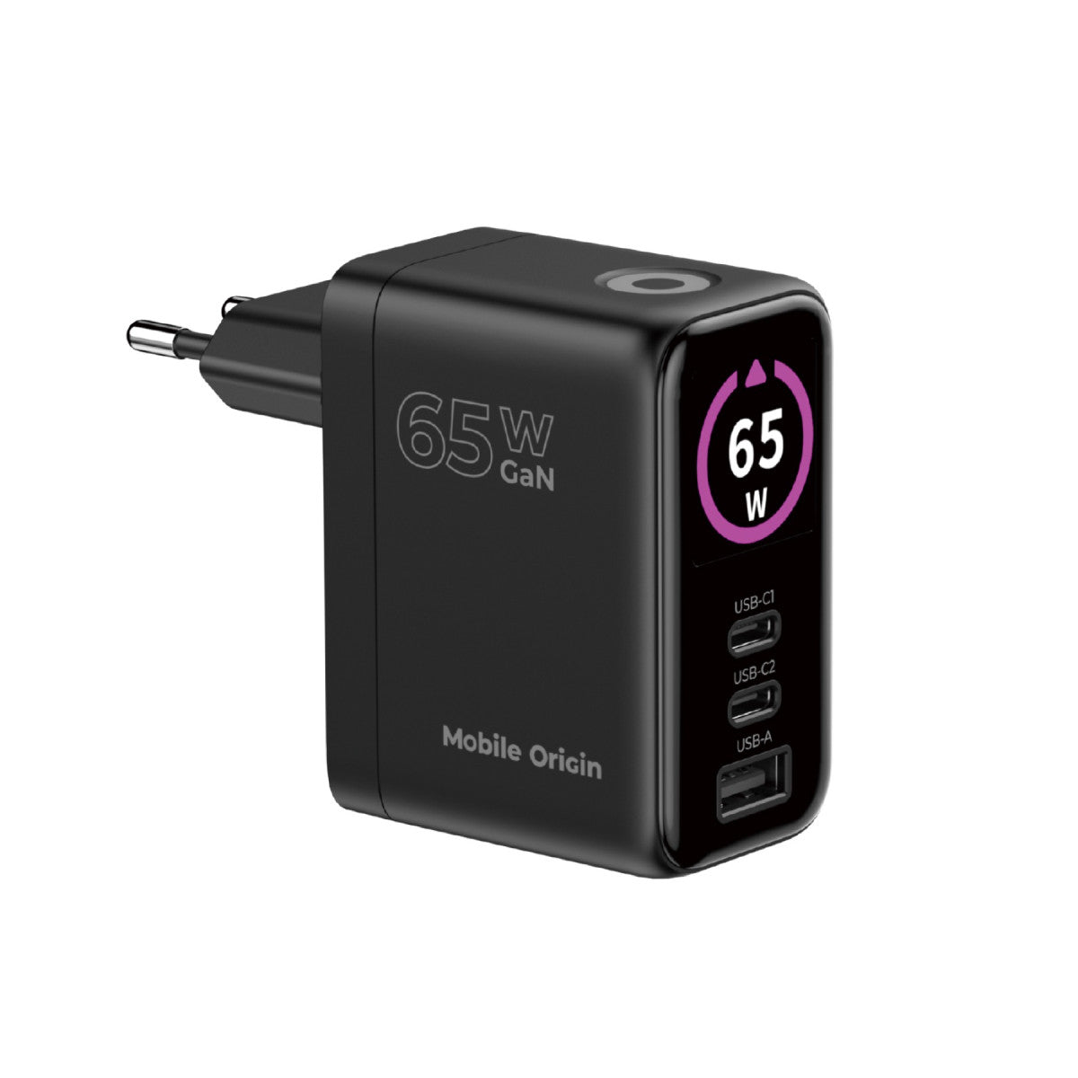 GaN Wall Charger with Display 2× USB-C + USB-A PW20, 65W, Black