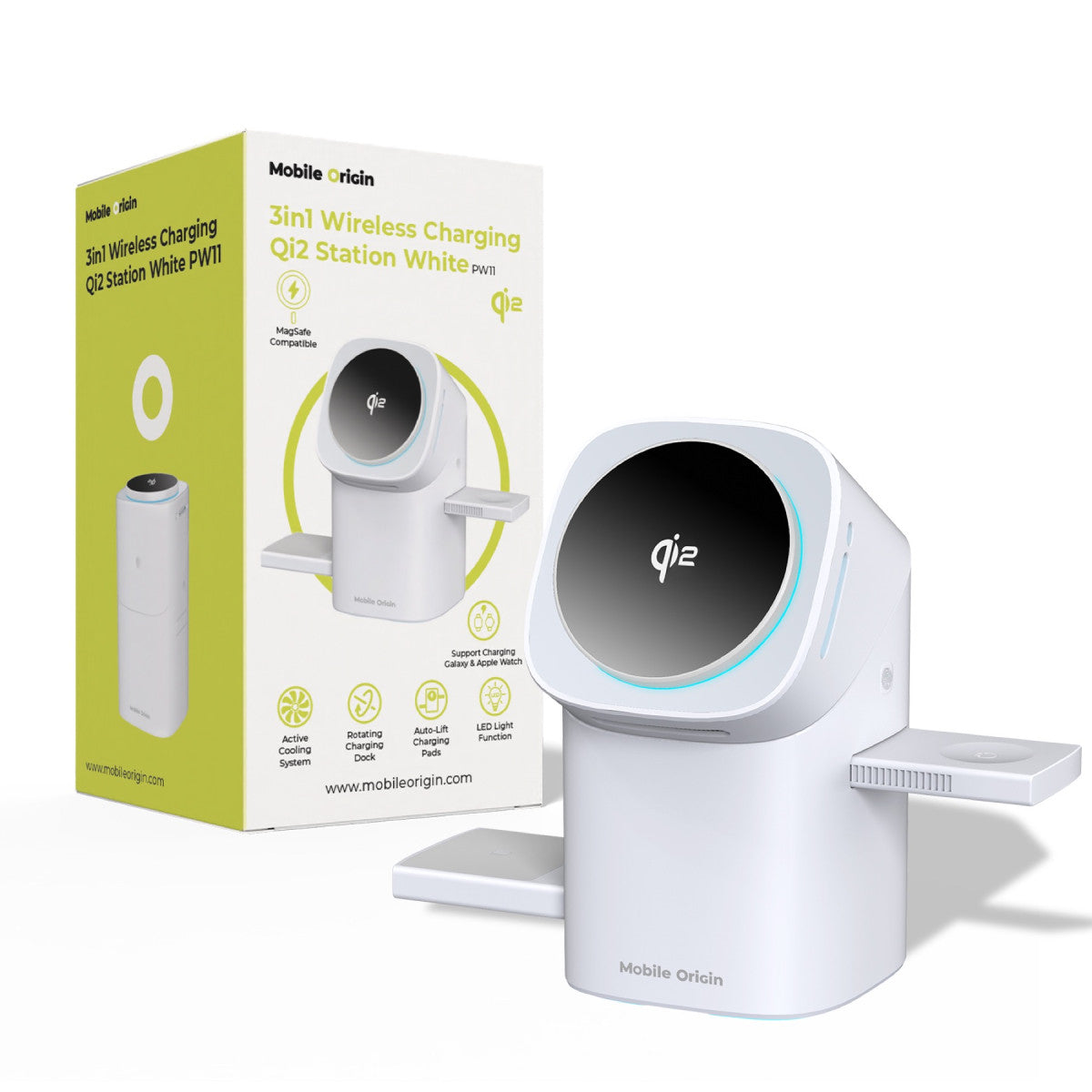 Bezdrátová automatická nabíjecí stanice 3v1 Qi2 MagSafe PW11, 20W, Bílá