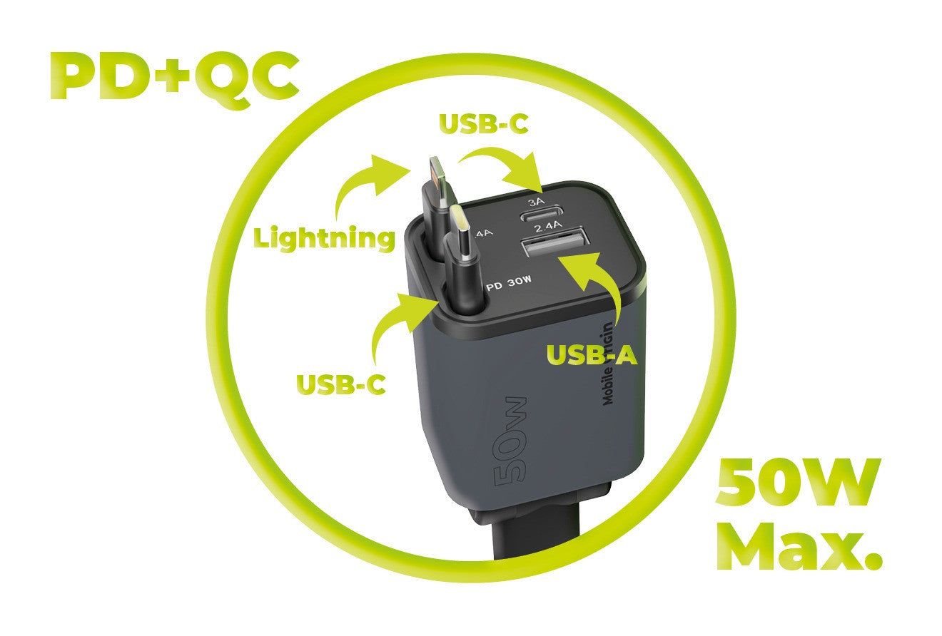 Car Charger 4-in-1 USB-C + USB-A with USB-C and Lightning Cables CA28, 50W, Space Gray