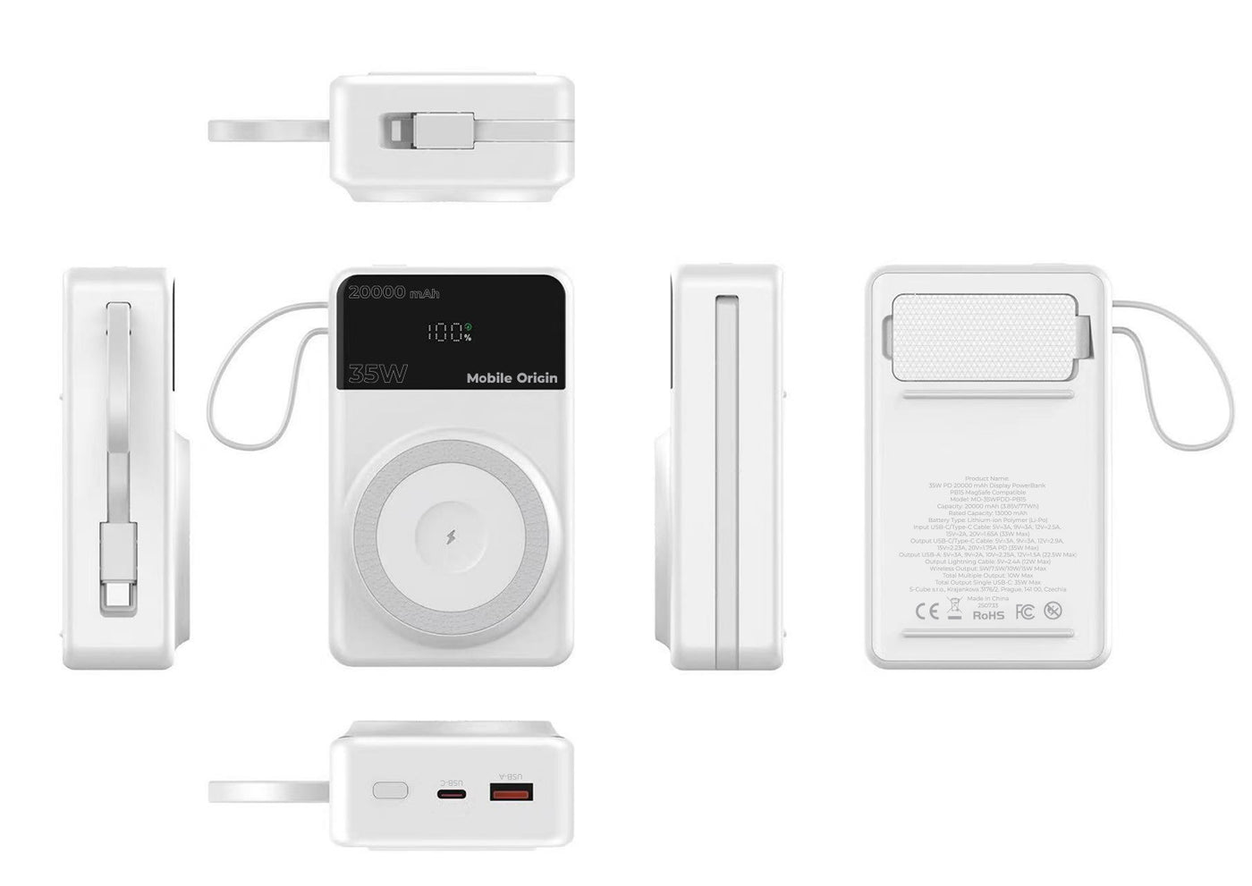 Bezdrátová magnetická powerbanka MagSafe s displejem a kabelem USB-C + Lightning PB15, 20000mAh, 35W, Bílá