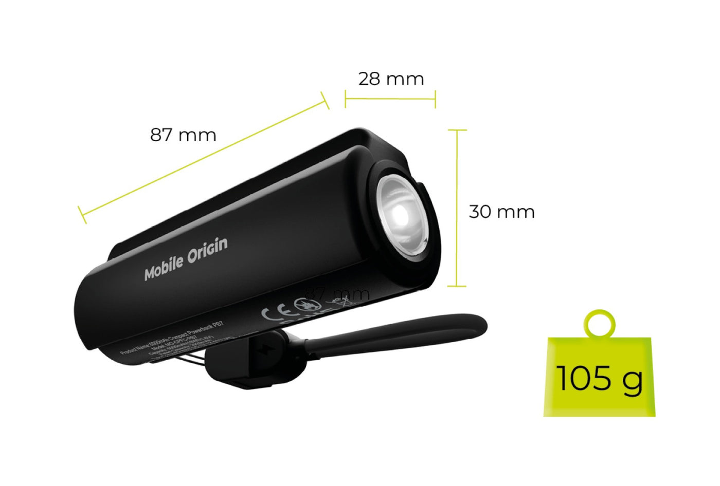Compact Power Bank with Flashlight and USB-C Cable PB7, 5000mAh, 12W, Black
