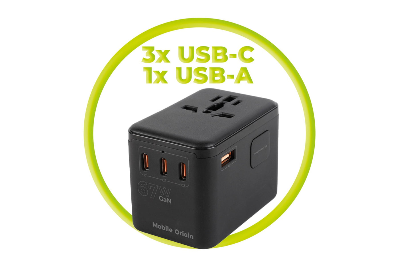GaN Travel Adapter EU/UK/US/AUS 3× USB-C + USB-A PW5, 67W, Black