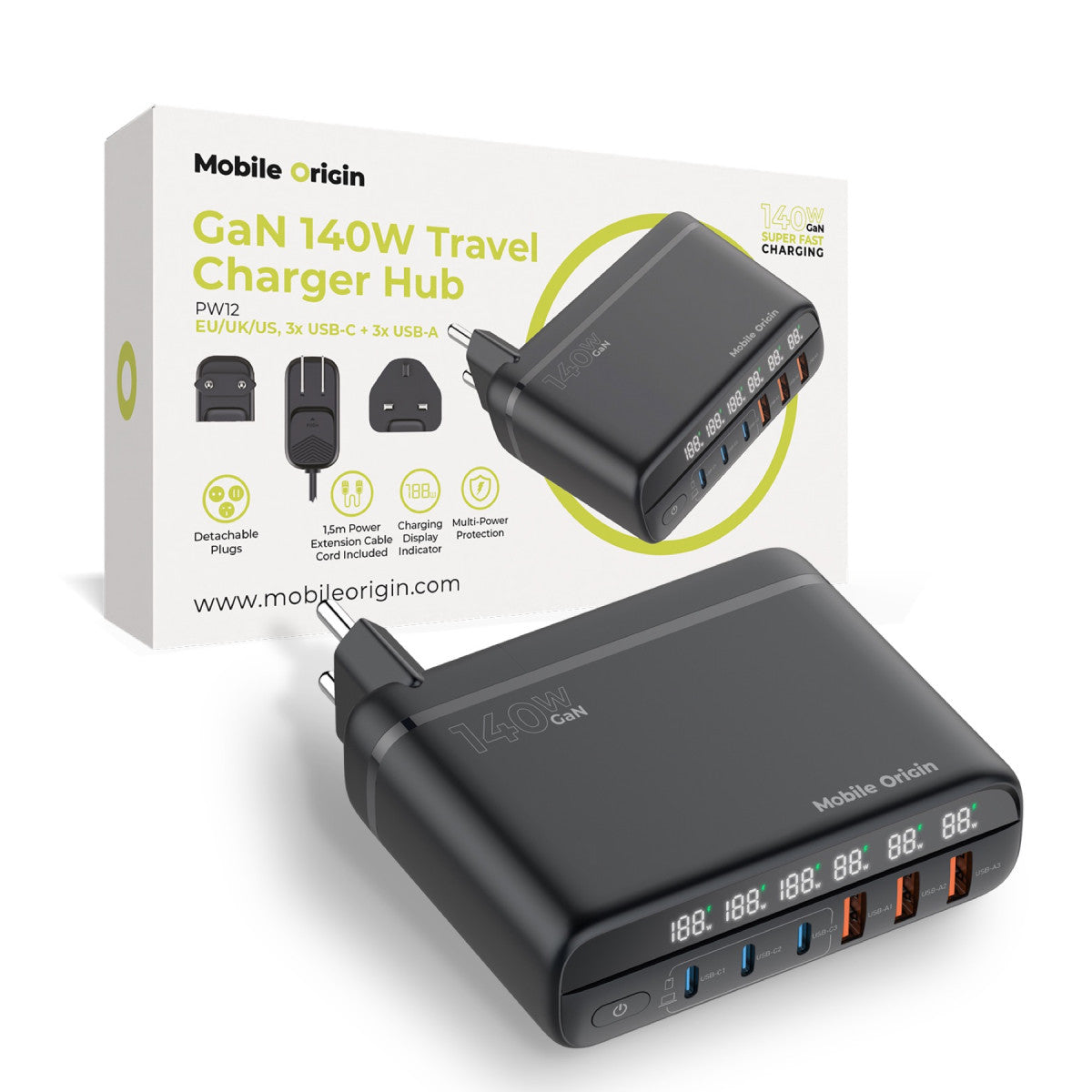 Cestovní nabíječka GaN EU/UK/US 3× USB-C + 3× USB-A PW12, 140W, Černá