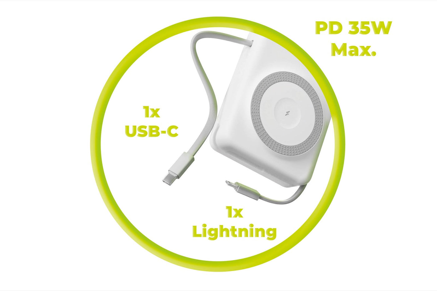 Bezdrátová magnetická powerbanka MagSafe s displejem a kabelem USB-C + Lightning PB15, 20000mAh, 35W, Bílá