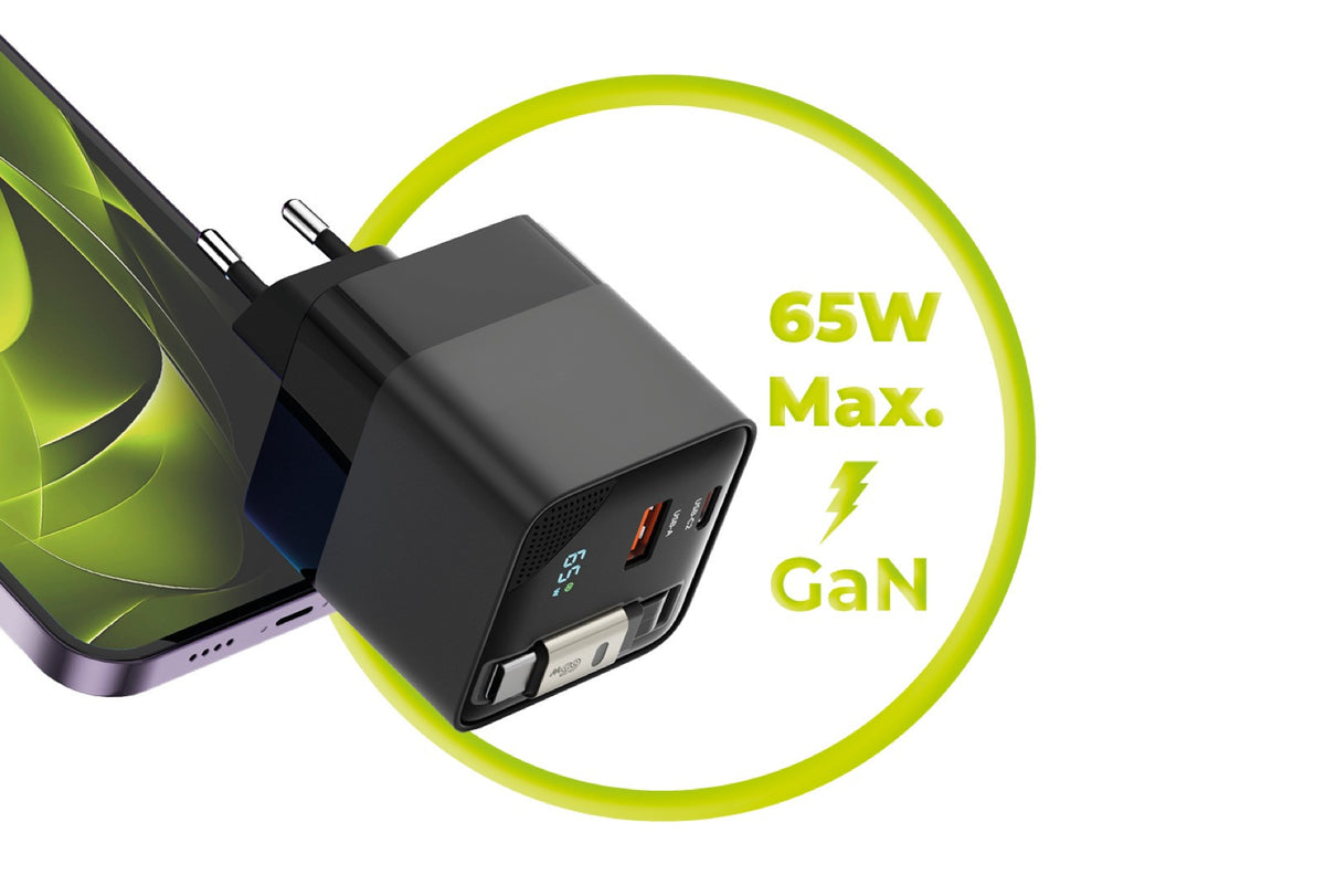 Wall Charger GaN with Display and Retractable Cable USB-C + USB-A PW2, 65W, Black