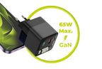 GaN síťová nabíječka s displejem 65W PW2 s USB-C Samonavíjecím Kabelem + USB-C + USB-A