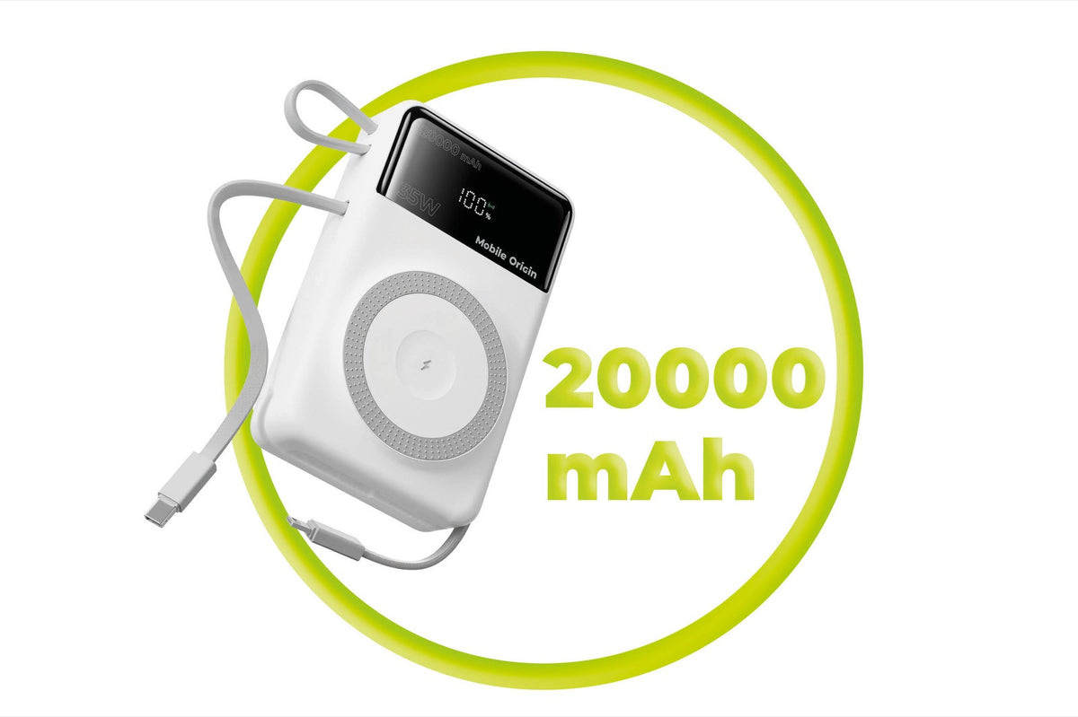Bezdrátová magnetická powerbanka MagSafe s displejem a kabelem USB-C + Lightning PB15, 20000mAh, 35W, Bílá
