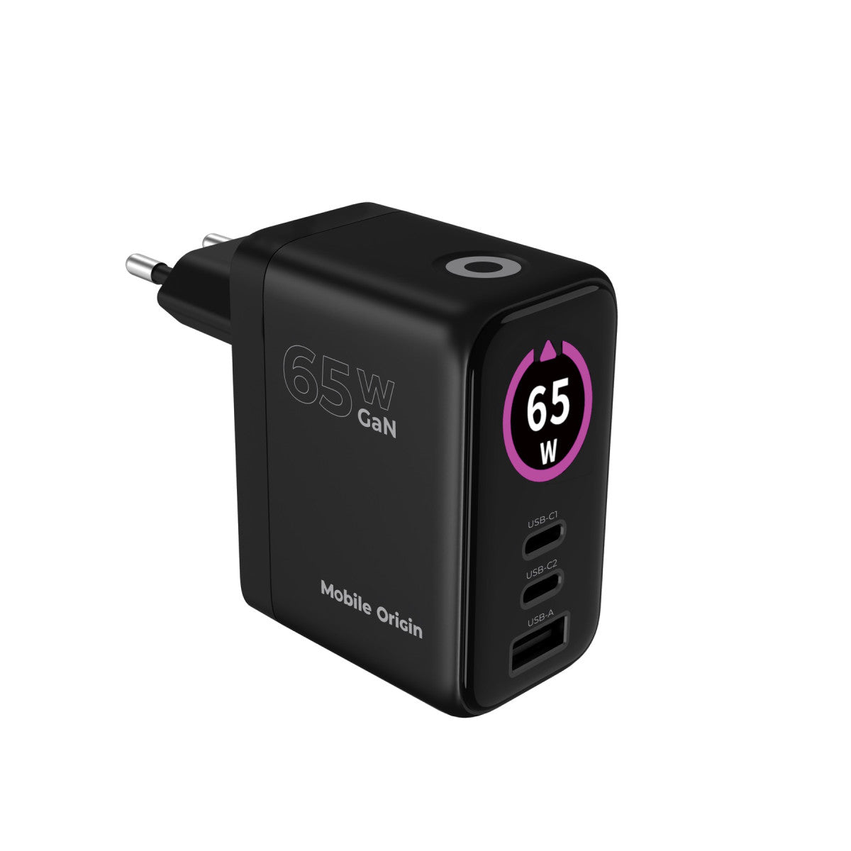 GaN Wall Charger with Display 2× USB-C + USB-A PW20, 65W, Black