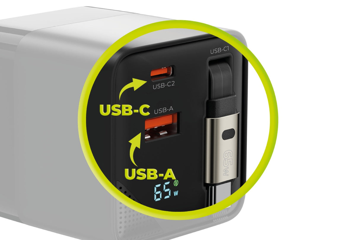 Wall Charger GaN with Display and Retractable Cable USB-C + USB-A PW2, 65W, Black