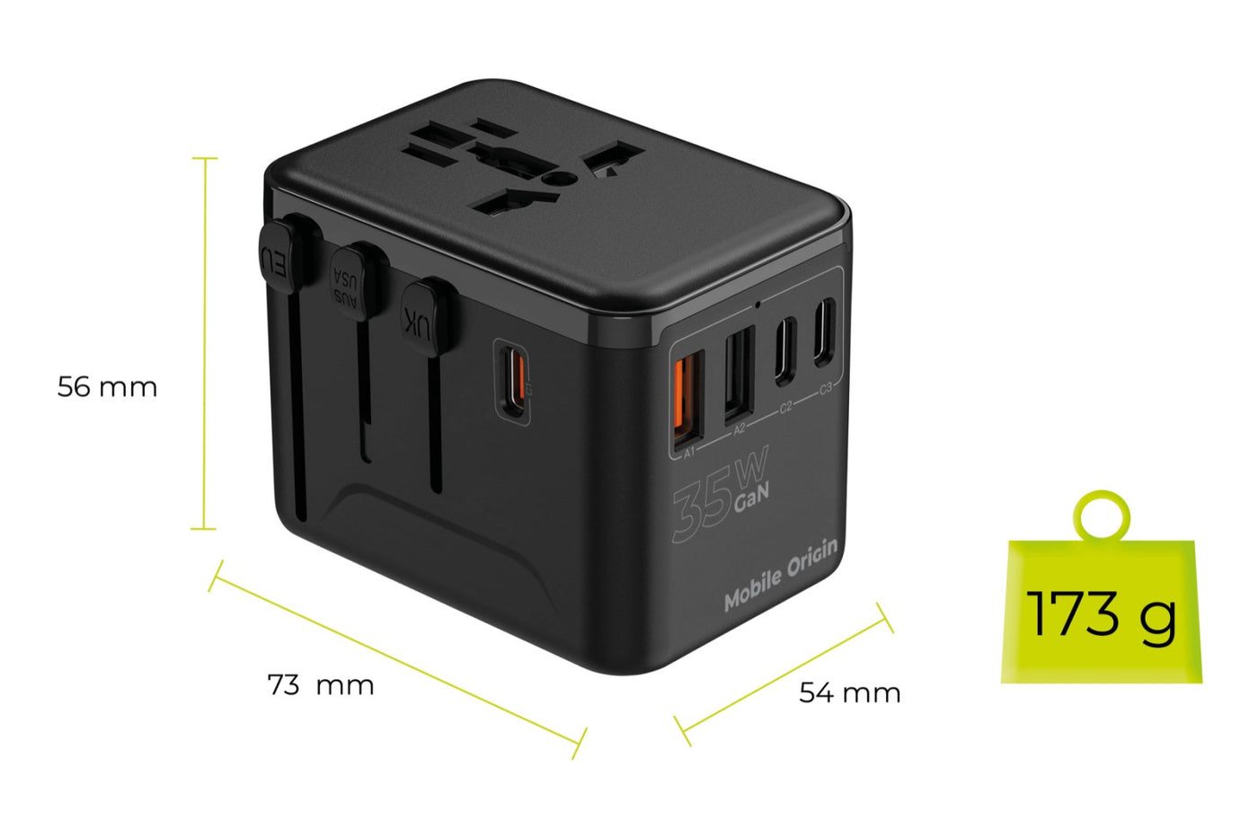 Cestovní adaptér GaN EU/UK/US/AUS 3× USB-C + 2× USB-A PW4, 35W, Černá