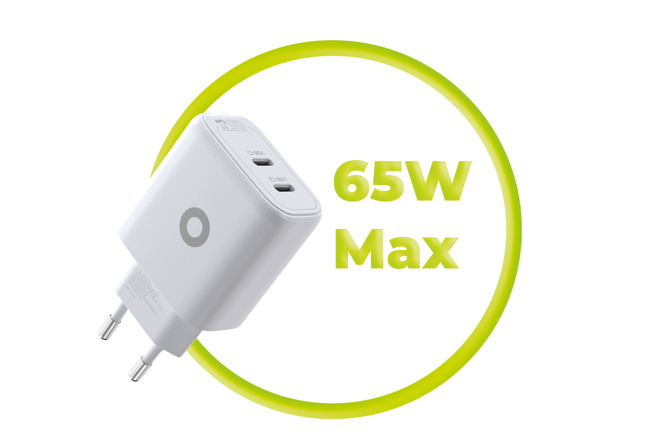 Síťová nabíječka GaN 2× USB-C MO19, 65W, Bílá