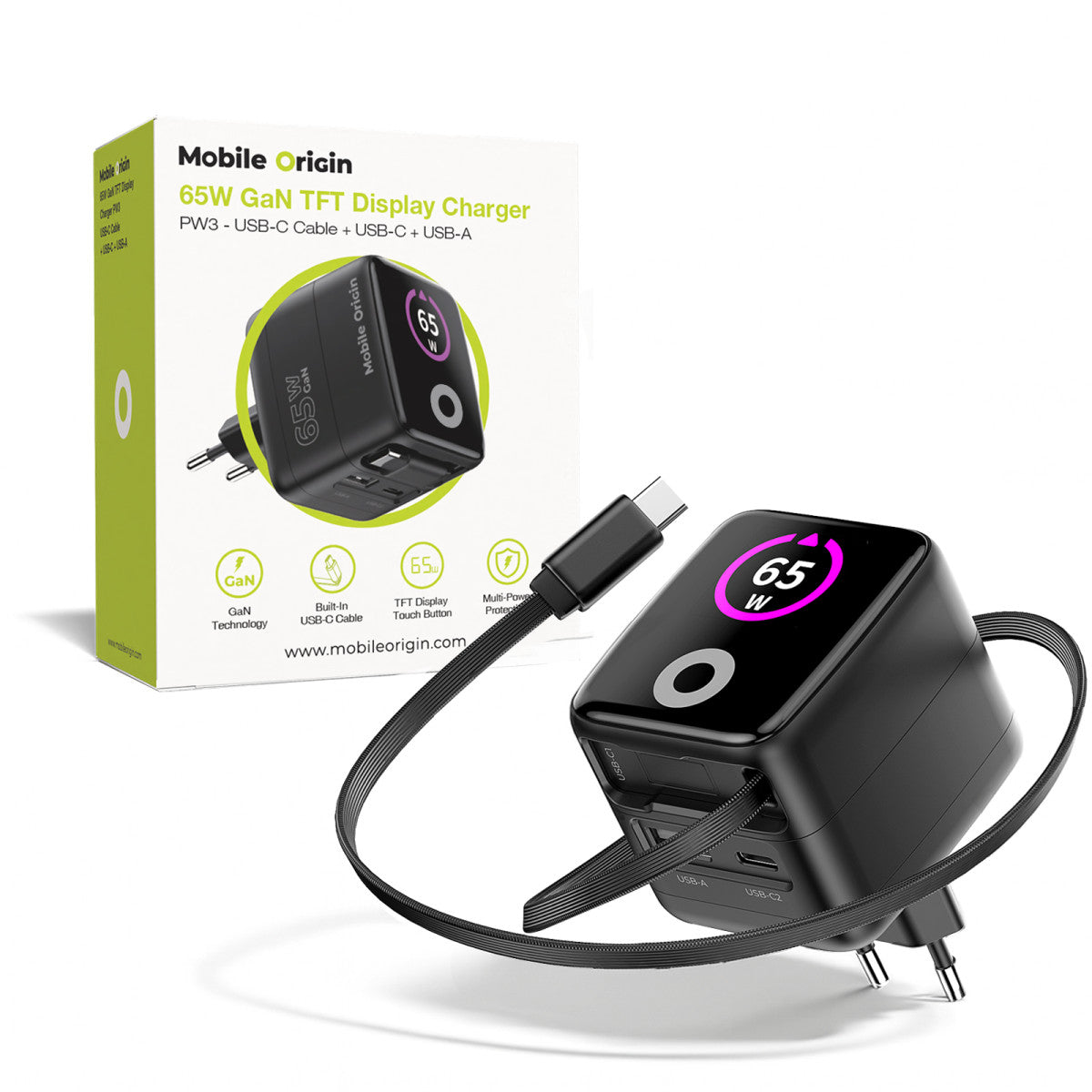Síťová nabíječka GaN s displejem a samonavíjecím kabelem USB-C + USB-A PW3, 65W, 0,65 m, Černá