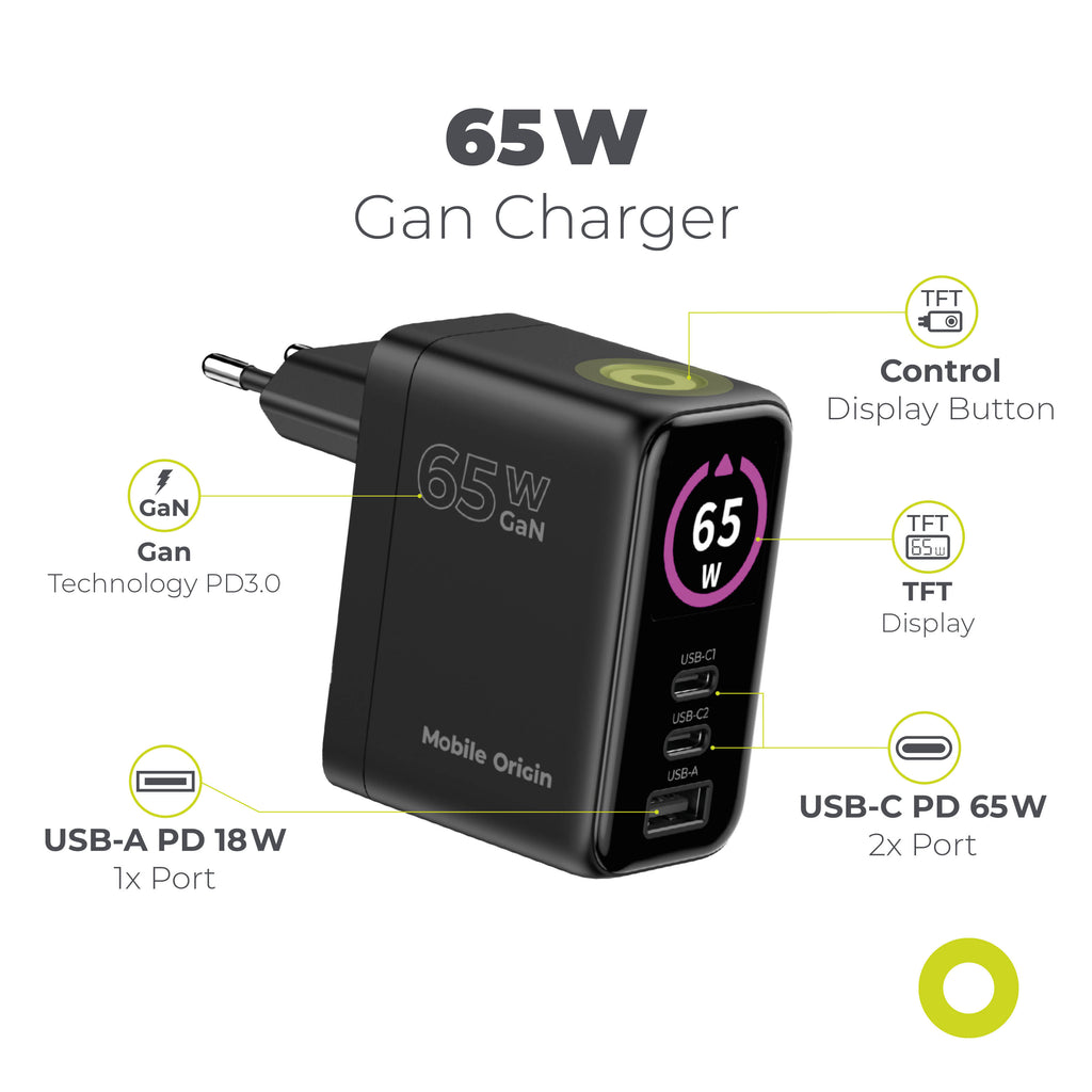 Síťová nabíječka GaN s displejem 2× USB-C + USB-A PW20, 65W, Černá
