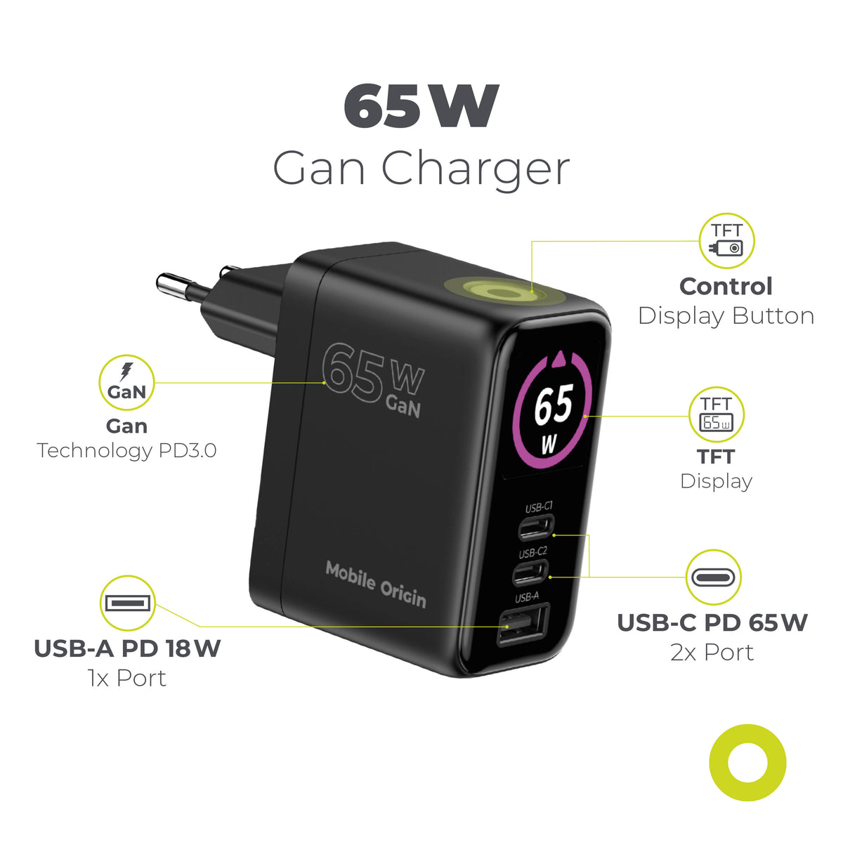 Síťová nabíječka GaN s displejem 2× USB-C + USB-A PW20, 65W, Černá