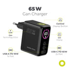 Síťová nabíječka GaN s displejem 2× USB-C + USB-A PW20, 65W, Černá