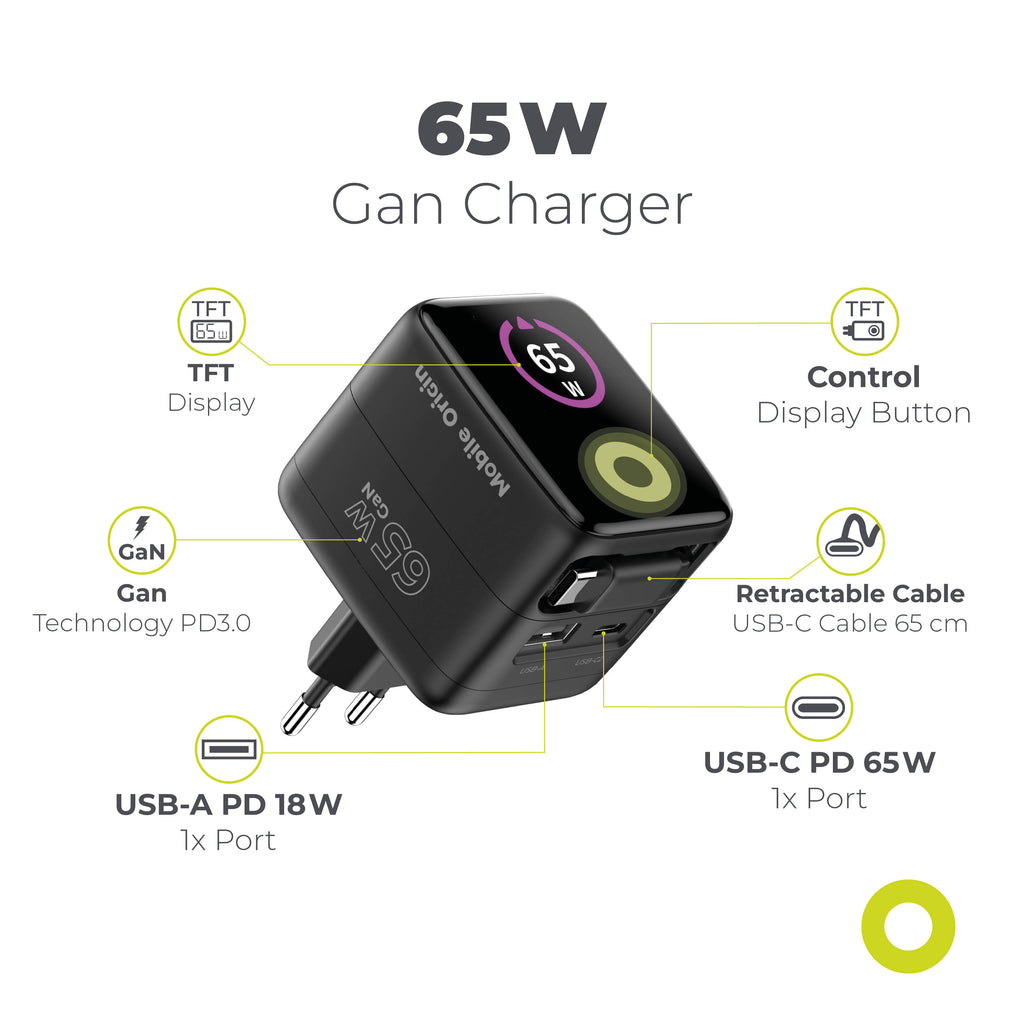 GaN Wall Charger with Display and Retractable Cable USB-C + USB-A PW3, 65W, 0.65m, Black